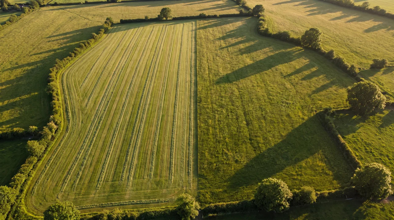 An aerial view of a mown field with its boundary hedges